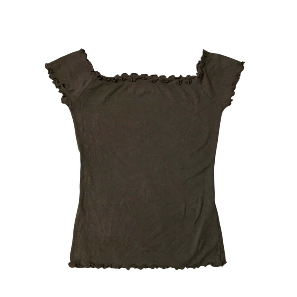 Hollister Ribbed Off Shoulder Top Olive Green Ruffle Trim Size S